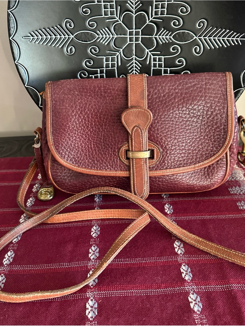 Vintage Dooney & Bourke AWL Equestrian Crossbody Bag - Burgundy/Tan